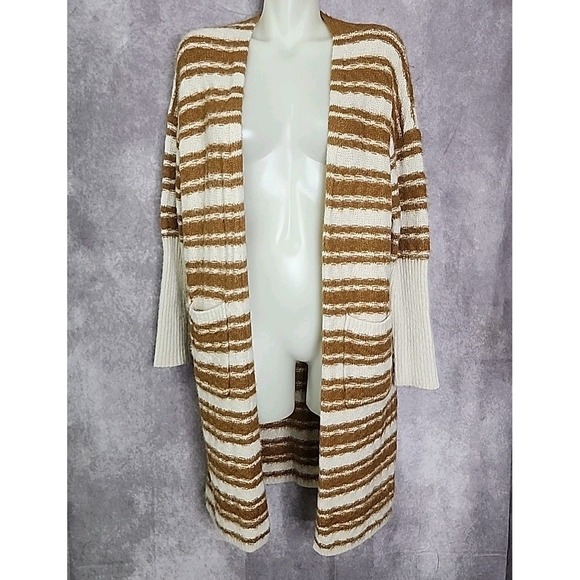 HYFVE Sweaters - HYFVE Open Front Cardigan Sweater Womens Medium White Mustard Yellow Chunky Knit